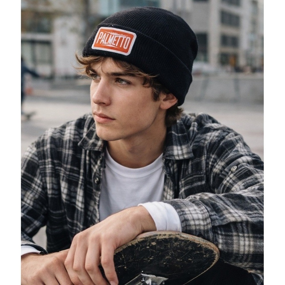 AJM Palmetto Beanie Hat Mens OSFM Black Orange Patch Cuffed‎ Ribbed Knit Skater